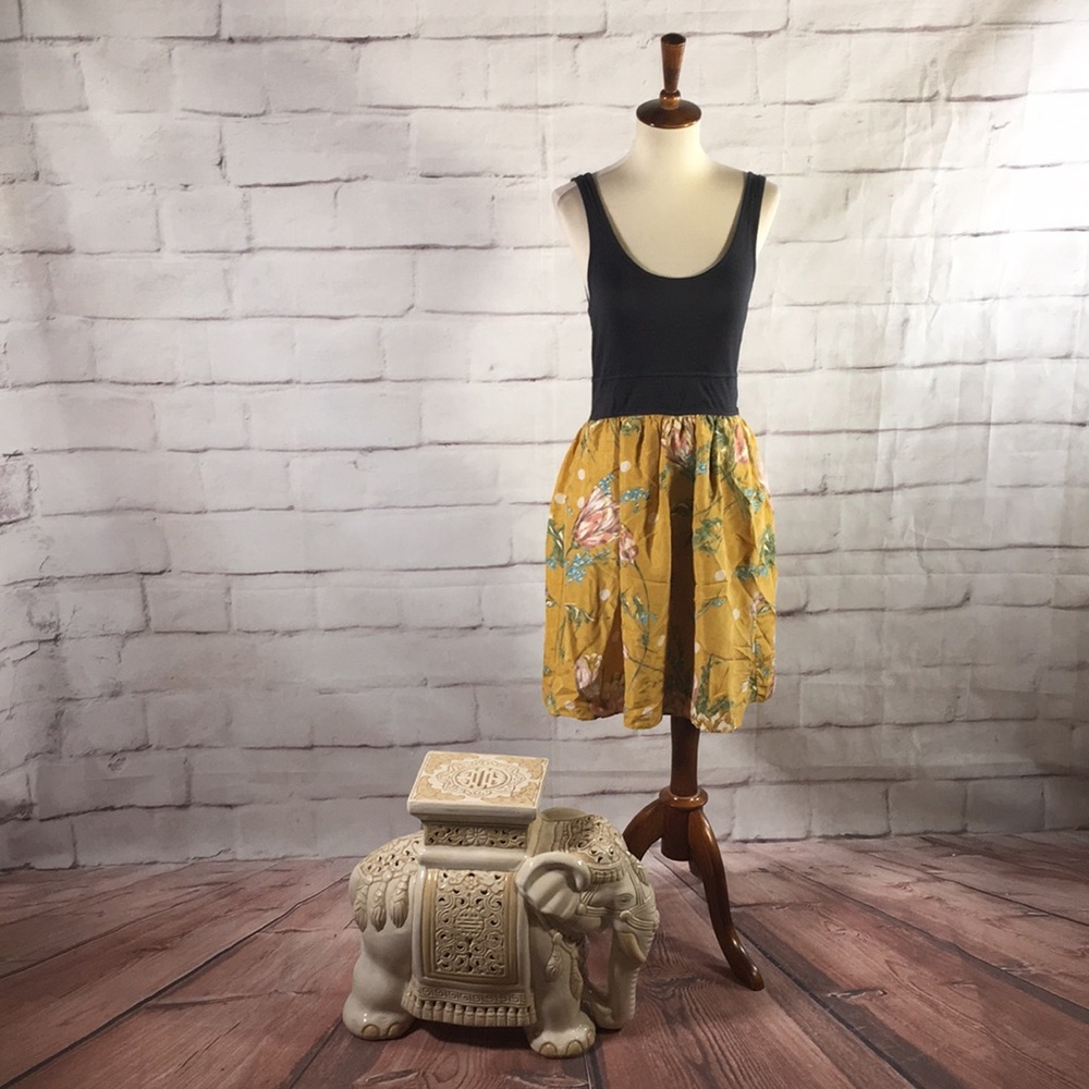 Anthropologie Maeve Sleeveless Silk Floral Dress in Gray and Yellow